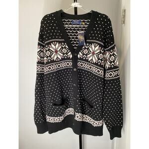 Polo Ralph Lauren Cardigan Mens 2XLT Black Snowflake Cotton Cashmere - NEW $298